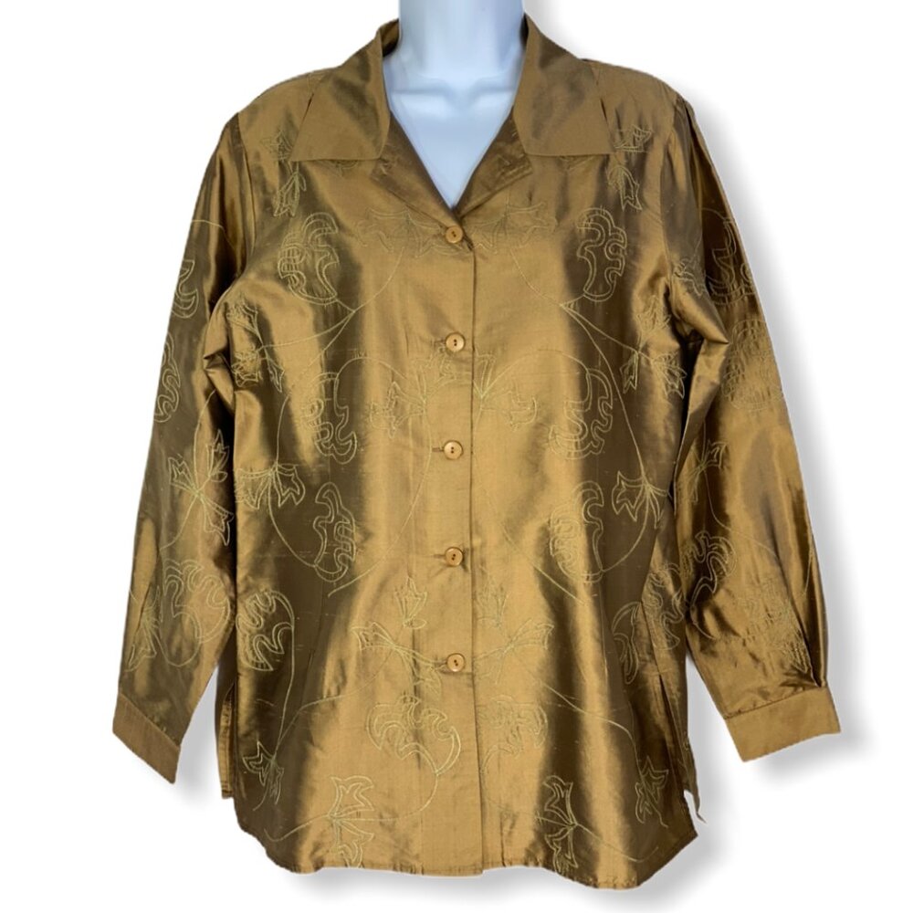 Tribeca Studio Silk Embroidered Gold Blouse Top 8